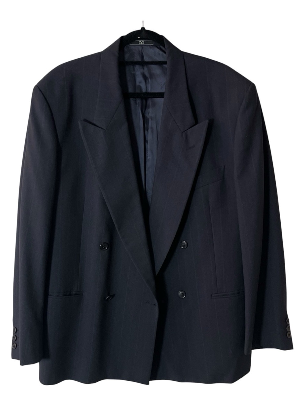 VTG Valentino Double-Breasted Navy Black Pinstripe Suit Jacket Sz 54R 100% Wool
